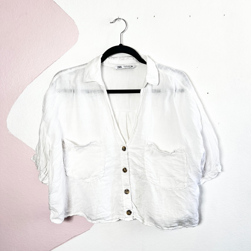 Zara Button Up Shirt Women's Large White Linen Cropped Relaxed Fit Coastal Boho